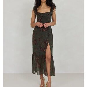 Chic Olive Floral Midi Dress with Ruffle Trim